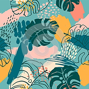 Abstract creative seamless pattern with tropical plants and artistic background.