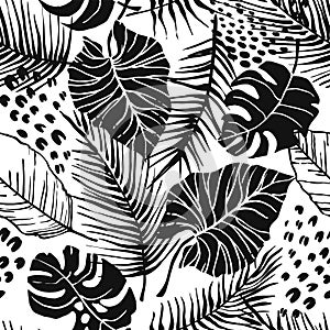 Abstract creative seamless pattern with tropical plants and artistic background.