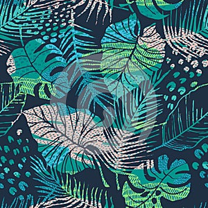 Abstract creative seamless pattern with tropical plants and artistic background.