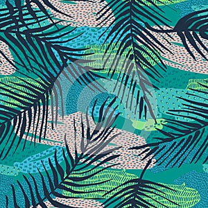 Abstract creative seamless pattern with tropical plants and artistic background.