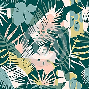 Abstract creative seamless pattern with tropical plants and artistic background