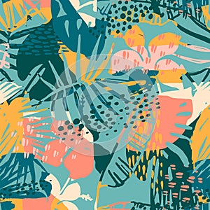 Abstract creative seamless pattern with tropical plants and artistic background