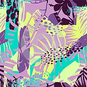 Abstract creative seamless pattern with tropical plants and artistic background