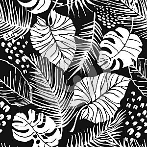 Abstract creative seamless pattern with tropical plants and artistic background.