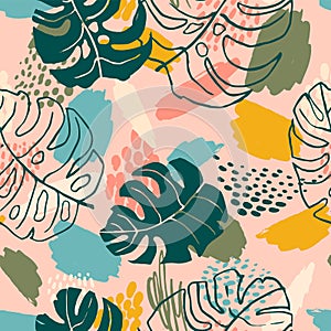 Abstract creative seamless pattern with tropical plants and artistic background