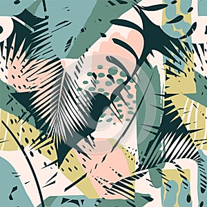 Abstract creative seamless pattern with tropical plants and artistic background.