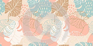 Abstract creative seamless pattern with tropical plants and artistic background.