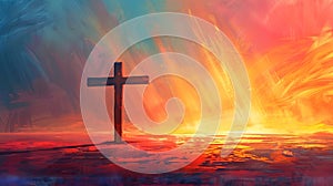 Abstract cross against dramatic sunset sky. Bold brushstrokes, vivid colors. Concept of Easter greetings, celebration