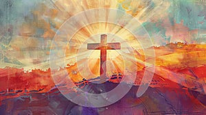 Abstract cross against dramatic sunset sky. Bold brushstrokes, vivid colors. Concept of Easter greetings, celebration