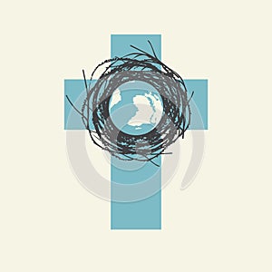 Abstract cross with the planet earth in the nest