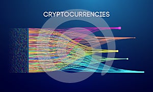 Abstract cryptocurrency data visualization with colorful digital streams, binary code, and network flow on dark background