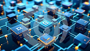 Abstract Cryptocurrency Network 3d Rendering Blue Cubes
