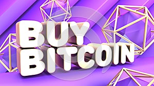 Abstract cryptocurrency poster. Violet graphic elements. inscription in gold letters buy bitcoin. Blockchain network