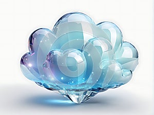 Abstract crystal blue transparent cloud heart shaped isolated on white background. Cartoon 3D illustration, brilliantly