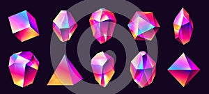 Abstract crystals. Magic jewel stones with rainbow reflections, glossy polyhedral prismatic elements cartoon style. Vector