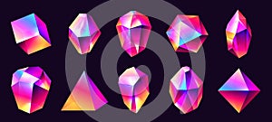 Abstract crystals. Magic jewel stones with rainbow reflections, glossy polyhedral prismatic elements cartoon style photo