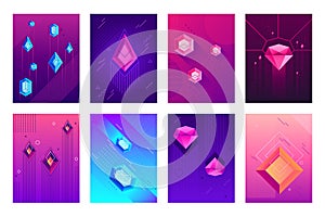 Abstract crystals poster. Precious jewel crystal stones, jewels diamond gems and hipster gem posters isolated vector background