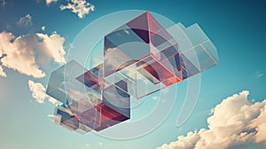 Abstract cube background against blue sky with white clouds. photo