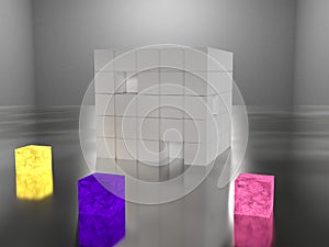 Abstract cube of cubes with emissive color cubes on a reflective metallic surface