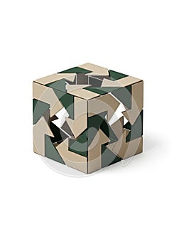 An abstract cube with interlocking elements features an