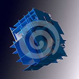 Abstract cube made of blue color plates on a gray background. 3d rendering. Innovative impressive technologies