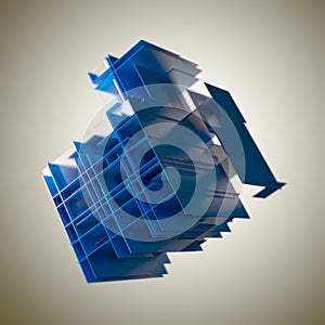 Abstract cube made of blue color plates on a gray background. 3d rendering. Innovative impressive technologies