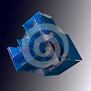 Abstract cube made of blue color plates on a gray background. 3d rendering. Innovative impressive technologies