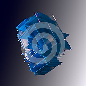 Abstract cube made of blue color plates on a gray background. 3d rendering. Innovative impressive technologies