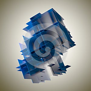 Abstract cube made of blue color plates on a gray background. 3d rendering. Innovative impressive technologies