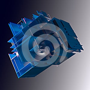 Abstract cube made of blue color plates on a gray background. 3d rendering. Innovative impressive technologies