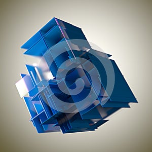 Abstract cube made of blue color plates on a gray background. 3d rendering. Innovative impressive technologies