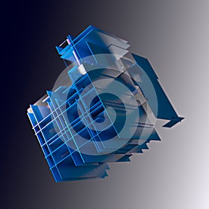 Abstract cube made of blue color plates on a gray background. 3d rendering. Innovative impressive technologies