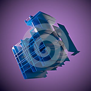 Abstract cube made of blue color plates on a purple background. 3d rendering. Innovative impressive technologies