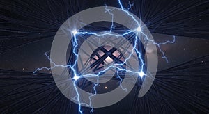 Abstract cube structure with lightning in dark space background