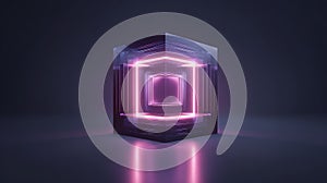 Abstract cube structure with neon glowing frames inside