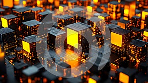Abstract Cubes Array Structure with Glowing Orange Light in Dark Background Technology Pattern