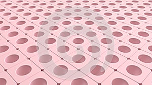 Abstract cubes background with stack of pastel pink in a row perforated cube boxes, 3d rendering