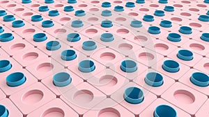 Abstract cubes background with stack of pastel pink in a row perforated cube boxes, 3d rendering