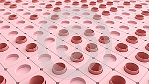 Abstract cubes background with stack of pastel pink in a row perforated cube boxes, 3d rendering