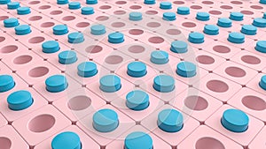 Abstract cubes background with stack of pastel pink in a row perforated cube boxes, 3d rendering