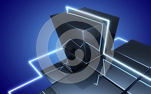 3d abstract cubes construction witth neon light.3d illustration