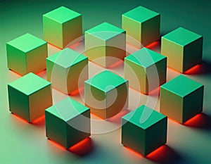 Abstract cubes and polygons glowing from within in a digital structure.
