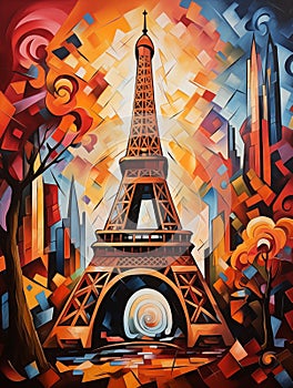 Abstract cubistic oil Painting of the Eiffel Tower in Paris