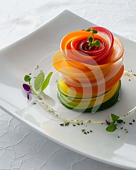 Abstract culinary art featuring a spiral of colorful raw vegetables on a stark white