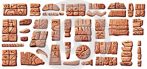Abstract cuneiform stone plates. Isolated akkadian sumerian or assyrian writing on stones. Clay sheets with ancient