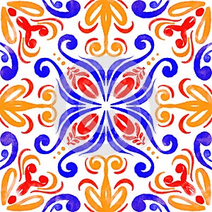 Abstract curl watercolor tile ornament with bright colors - yellow, red, blue. Seamless pattern on a white background.