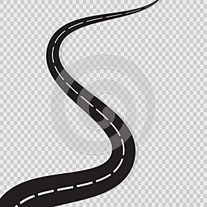 Abstract curved road asphalt, roads isolated on transparent background, winding road horizon, long road map turns. Black roadmap