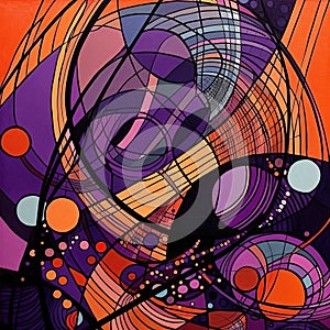 Abstract curves purple orange with black balls and lines,