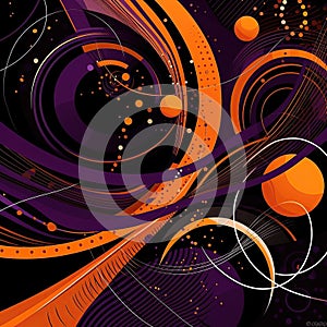 Abstract curves purple orange with black balls and lines,