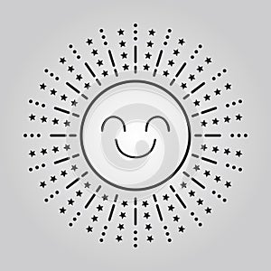 Abstract cute black isolated smiling sun icon with dots and star rays on gray gradient